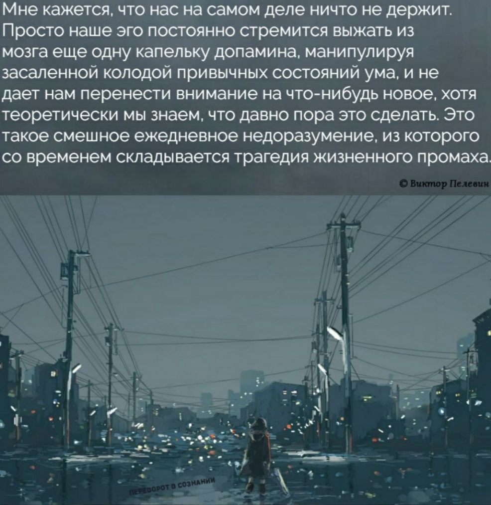 Мне кажется что нас на самом деле ничто не держит Просто наше эго постоянно стремится выжать из мозга еще одну капельку допамина манипулируя засаленной колодой привычных состояний ума и не дает нам перенести внимание на что нибудь новое хотя теоретически мы знаем что давно пора это сделать Это такое смешное ежедневное недоразумение из которого со временем складывается трагедия жизненного промаха