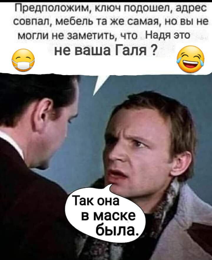 Предположим ключ подошел адрес совпал мебель та же самая но вы не могли не заметить что Надя это не ваша Галя Так она в маске была