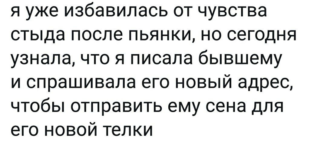 я уже избавилась от чувства стыда после пьянки но сегодня узнала что я писала бывшему и спрашивала его новый адрес чтобы отправить ему сена для его новой телки