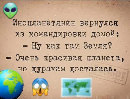 Ё ИнопланеТянИн вернулся из командировки домой ну как там Земля Очень красивая планета но дуракам досталась