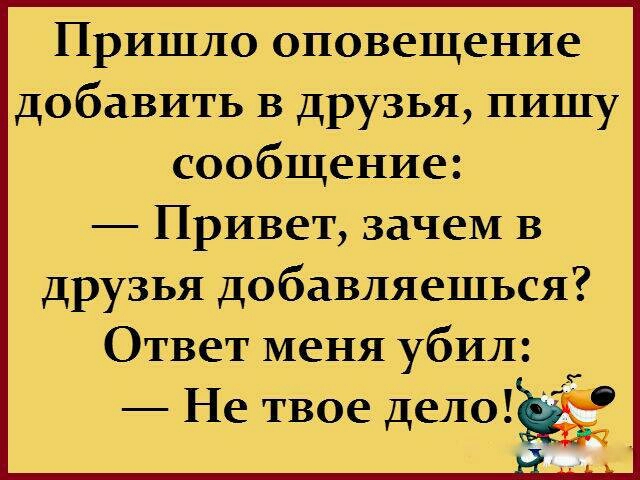 Пришло оповещение добавить в друзья пишу сообщение Привет зачем в друзья добавляешься Ответ меня убил Не твое дедыё