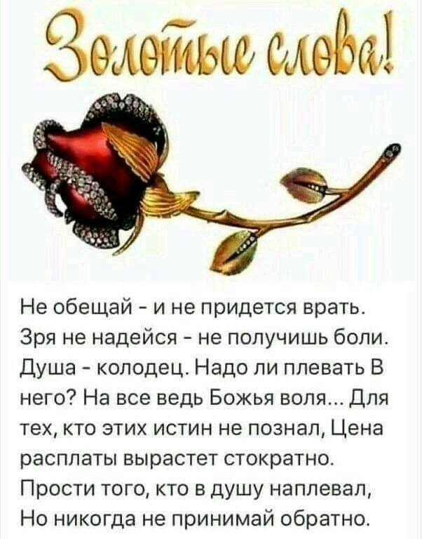 Не обещай и не придется врать Зря не надейся не получишь боли Душа колодец Надо ли плевать В него На все ведь Божья воля Для техкто этих истин не познал Цена расплаты вырастет стократно Прости того кто в душу наплевал Но никогда не принимай обратно