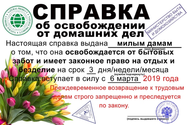 об освобождении ОТ домашних деп Настоящая справка выдана милым дамам о том что она освобождается от бёітбЁых
