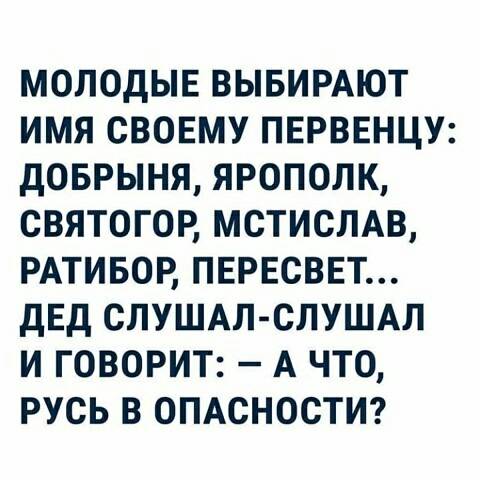 МОЛОДЫЕ ВЫБИРАЮТ ИМЯ СВОЕМУ ПЕРВЕНЦУ ДОБРЫНЯ ЯРОПОЛК СВЯТОГОР МСТИСЛАВ РАТИБОР ПЕРЕСВЕТ ДЕД СЛУШАЛ СЛУШАЛ И ГОВОРИТ А ЧТО РУСЬ В ОПАСНОСТИ
