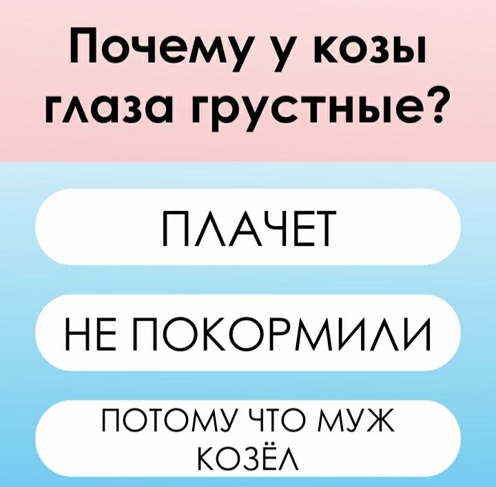 Почему у козы гАаза грустные ПААЧ ЕТ НЕ ПОКОРМИАИ потому что муж КОЗЁА
