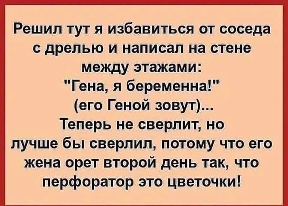 Решил тут я избавиться от соседа с дрелью и написал на стене между этажами Гена я беременна его Геной зовут Теперь не сверлит но лучше бы сверлил потому что его жена орет второй день так что перфоратор это цветочки