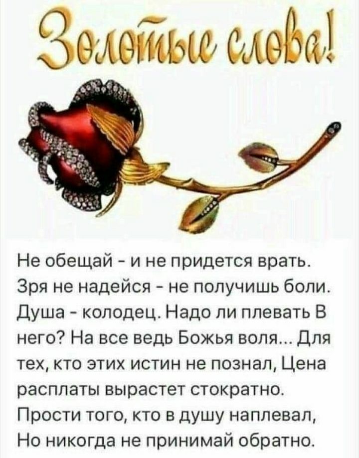 Не обещай и не придется врать_ Зря не надейся не получишь боли Душа колодец Надо ли плевать В него На все ведь Божья воля Для тех кто этих истин не познал Цена расплаты вырастет стократно Прости того кто в душу наплевал Но никогда не принимай обратно