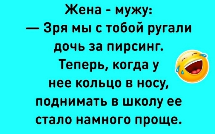 Жена мужу Зря мыс тобой ругали дочь за пирсинг Теперь когда у нее кольцо в носу поднимать в школу ее стало намного проще