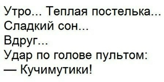 Утро Теплая постелька Сладкий сон Вдруг Удар по голове пультом Кучимутики