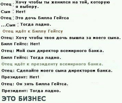 Хачу чтобы ты женился п тий кптовію выберу Сын Ё Мп очвц Эш дмь Биппв Гейчсв с тогда ладно Отец идёт Биллу Гейтсу Отвп Опц Хочу чтпбн тиви цпчь ишпа и книги снип Бипп гейш нет Отец Мпй сын директив всепипиогп Башка Билл Гейтс тогда ладно Отец идет к президенту всеиипппгп бапка оте сплайн иоего сына дирекции Банка Ппвзидвит ин отец Он ть Билла Гейтса Президент Тпгпн индии ЭТО БИЗНЕС