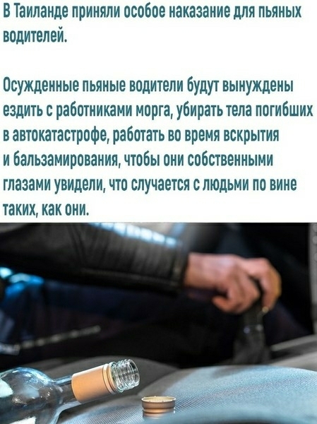 ВТаиланде приняли особое иаказаниедля пьяных водителей Осужденные пьяные водители будут вынуждены ездить с работниками морга убирать тела погибших вавтокатастрофе работать во время вскрытия и бальзамирования чтобы они собственными глазами увидели что случается слюдьми по вине таких как они