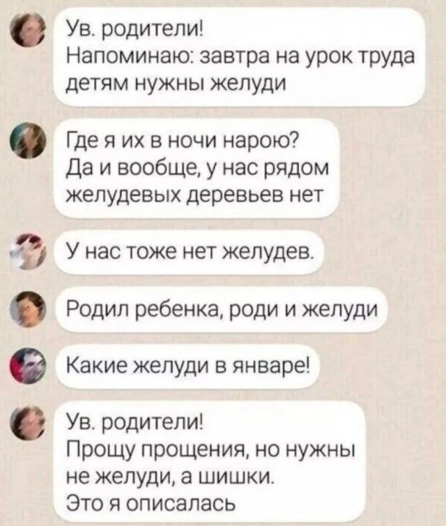 ее Ув родители Напоминаю завтра на урок труда детям нужны желуди Где я их в ночи нарою Да и вообще у нас рядом желудевых деревьев нет У нас тоже нет желудев Родил ребенка роди и желуди Какие желуди в январе Ув родители Прощу прощения но нужны не желуди а шишки Это я описалась