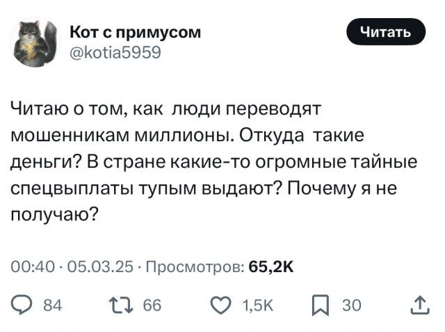 Читаю о том, как люди переводят мошенникам миллионы. Откуда такие деньги? В стране какие-то огромные тайные спецвыплаты тупым выдают? Почему я не получаю?