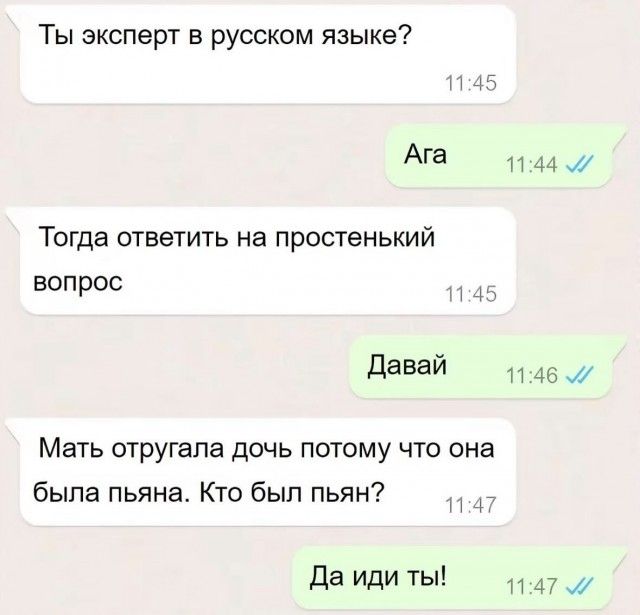 Ты эксперт в русском языке? Ага Тогда ответить на простенький вопрос Давай Мать отругала дочь потому что она была пьяна. Кто был пьян? Да иди ты!