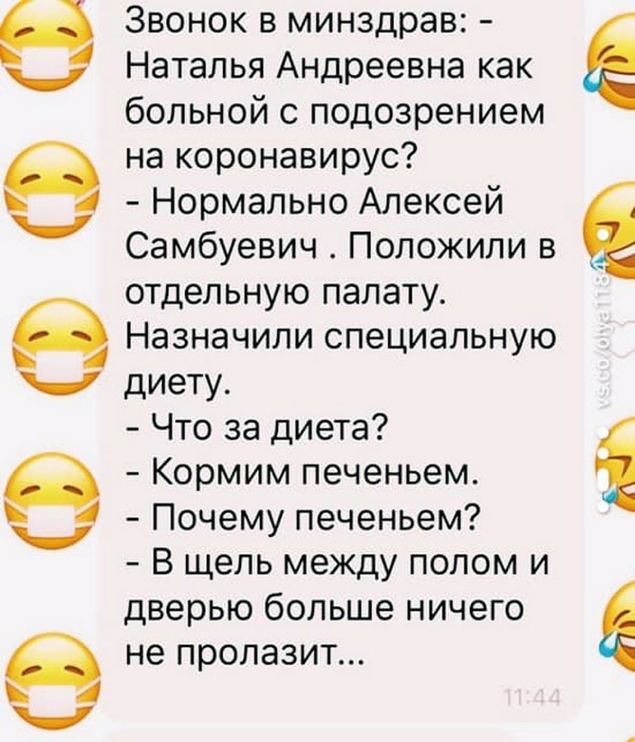 Звонок в минздрав Наталья Андреевна как бОЛЬНОЙ С подозрением на коронавирус Н ормально Алексей ЧСамбуевич Положили в отдельную палату Назначили специальную Ч диету Что за диета Кормим печеньем _ ПОЧЭМУПЭЧЭНЬЭМ В щель между полом и дверью больше ничего О не пролазит 4 Ч