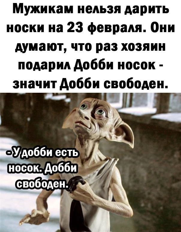 Мужикам нельзя дарить носки на 23 февраля Они думают что раз хозяин подарил добби носок значит Аобби свободен Удобби есть А носок Аобби