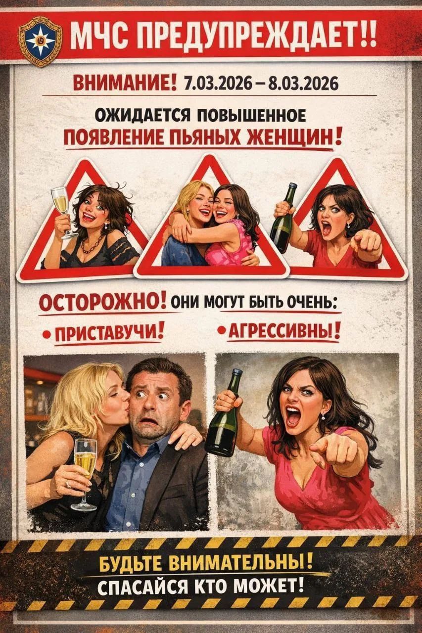 МЧС ПРЕДУПРЕЖДАЕТ!! ВНИМАНИЕ! 7.03.2026 — 8.03.2026 ОЖИДАЕТСЯ ПОВЫШЕННОЕ ПОЯВЛЕНИЕ ПЬЯНЫХ ЖЕНЩИН! ОСТОРОЖНО! ОНИ МОГУТ БЫТЬ ОЧЕНЬ ПРИСТАВУЧИ! АГРЕССИВНЫЕ! БУДЬТЕ ВНИМАТЕЛЬНЫЕ! СПАСАЙСЯ КТО МОЖЕТ!