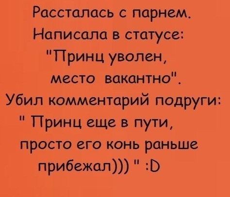 Рассталась с парнем Написала в статусе Принц уволен место вакантно Убил комментарий подруги Принц еще в пути просто его конь раньше прибежал