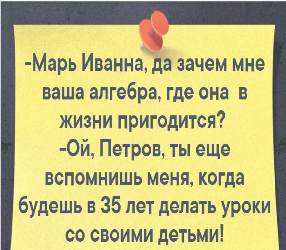 Марь Иванна да зачем мне ваша алгебра где она в жизни пригодится 0й Петров ты еще вспомнишь меня когда будешь в 35 лет делать уроки со своими детьми