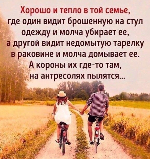 Хорошо и тепло в той семье где один видит брошенную на стул одежду и молча убирает ее а другой видит недомытую тарелку в раковине и молча домывает ее А короны их где то там