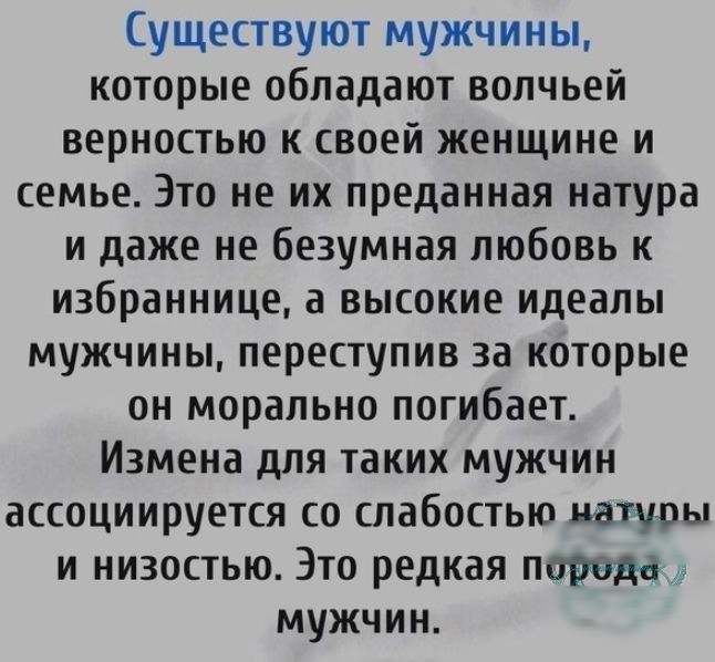 Существуют мужчины которые обладают волчьей верностью к своей женщине и семье Это не их преданная натура и даже не безумная любовь к избраннице а высокие идеалы мужчины переступив за которые он морально погибает Измена для таких мужчин ассоциируется со слабостью натуры и низостью Это редкая пошта мужчин