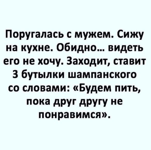 Поругалась с мужем Сижу на кухне Обидно видеть его не хочу Заходит ставит 3 бутылки шампанского со словами Будем пить пока друг другу не понравимся