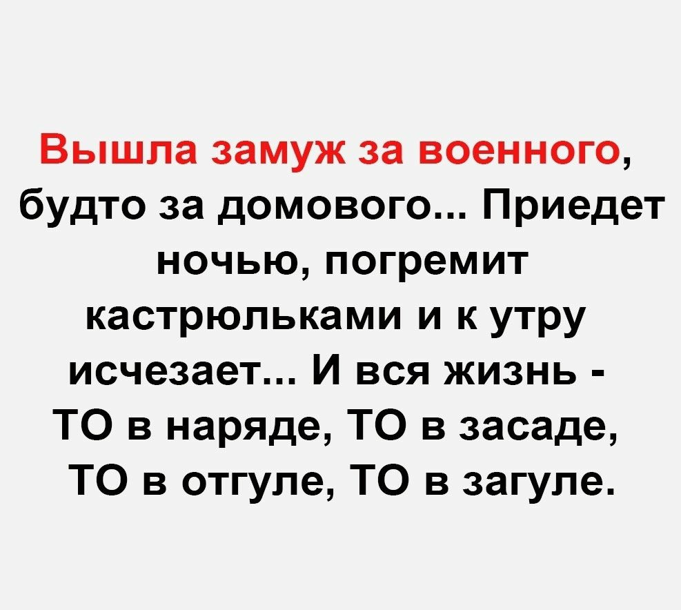 Вышла замуж за военного будто за домового Приедет ночью погремит кастрюльками и к утру исчезает И вся жизнь ТО в наряде ТО в засаде ТО в отгупе ТО в загуле