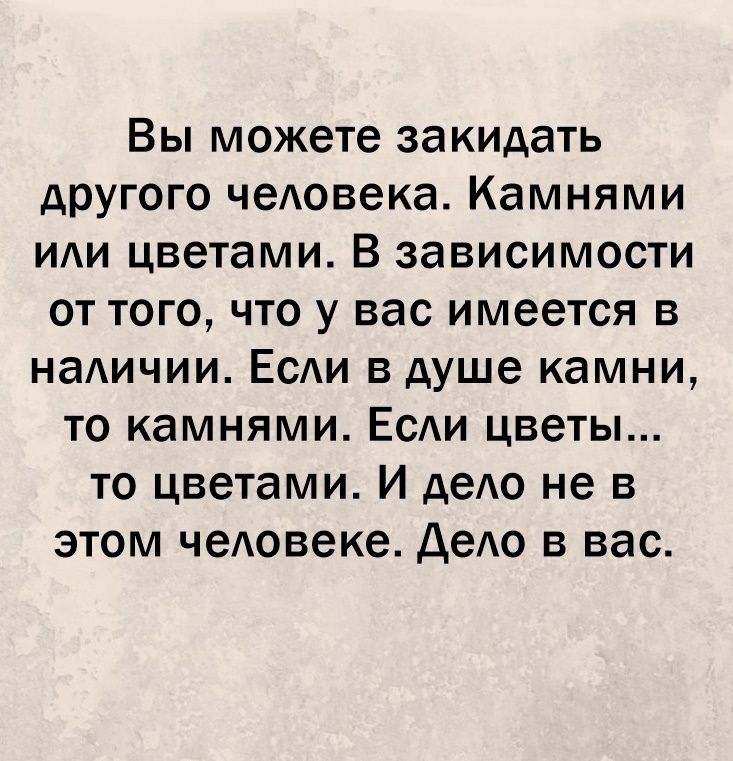 Вы можете закидать другого чедовека Камнями цветами В зависимости от того что у вас имеется в наАичии ЕСАИ в душе камни то камнями ЕСАИ цветы то цветами И деАо не в этом чеАовеке ДеАо в вас