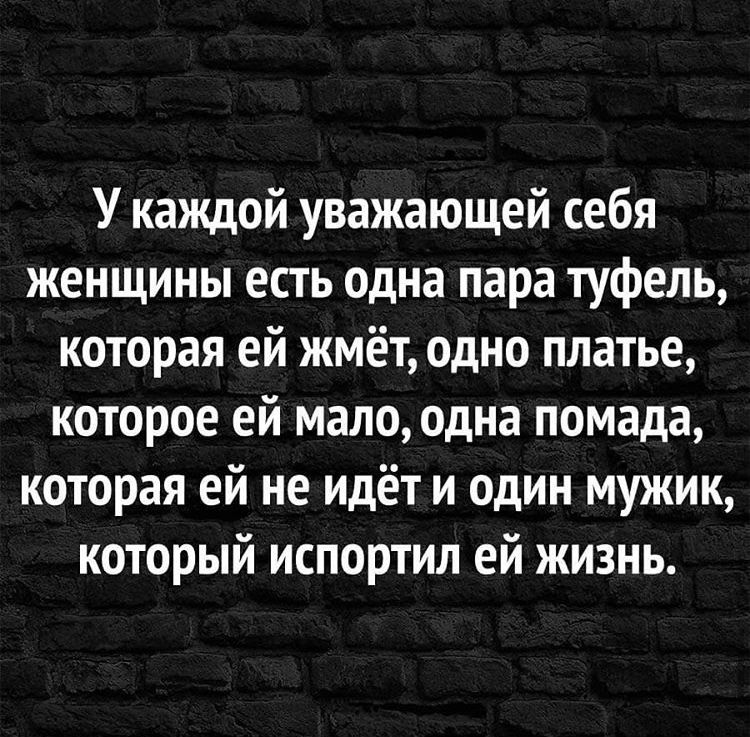 У каждой уважающей себя женщины есть одна пара туфель которая ей жмёт одно платье которое ей мало одна помада которая ей не идёт и один мужик который испортил ей жизнь