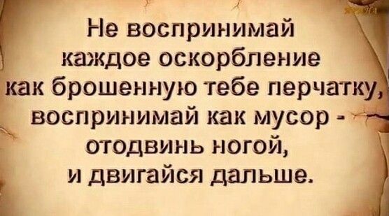 Не воспринимай каждое оскорбление к брошенную тебе перчат воспринимай как мусор отодвинь ногой и двигайся дальше