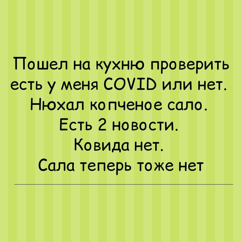 Пошел на кухню проверить есть у меня СОЛЬ или нет Нюхал ко пченое сало Есть 2 новости Ковида нет Сала теперь тоже нет