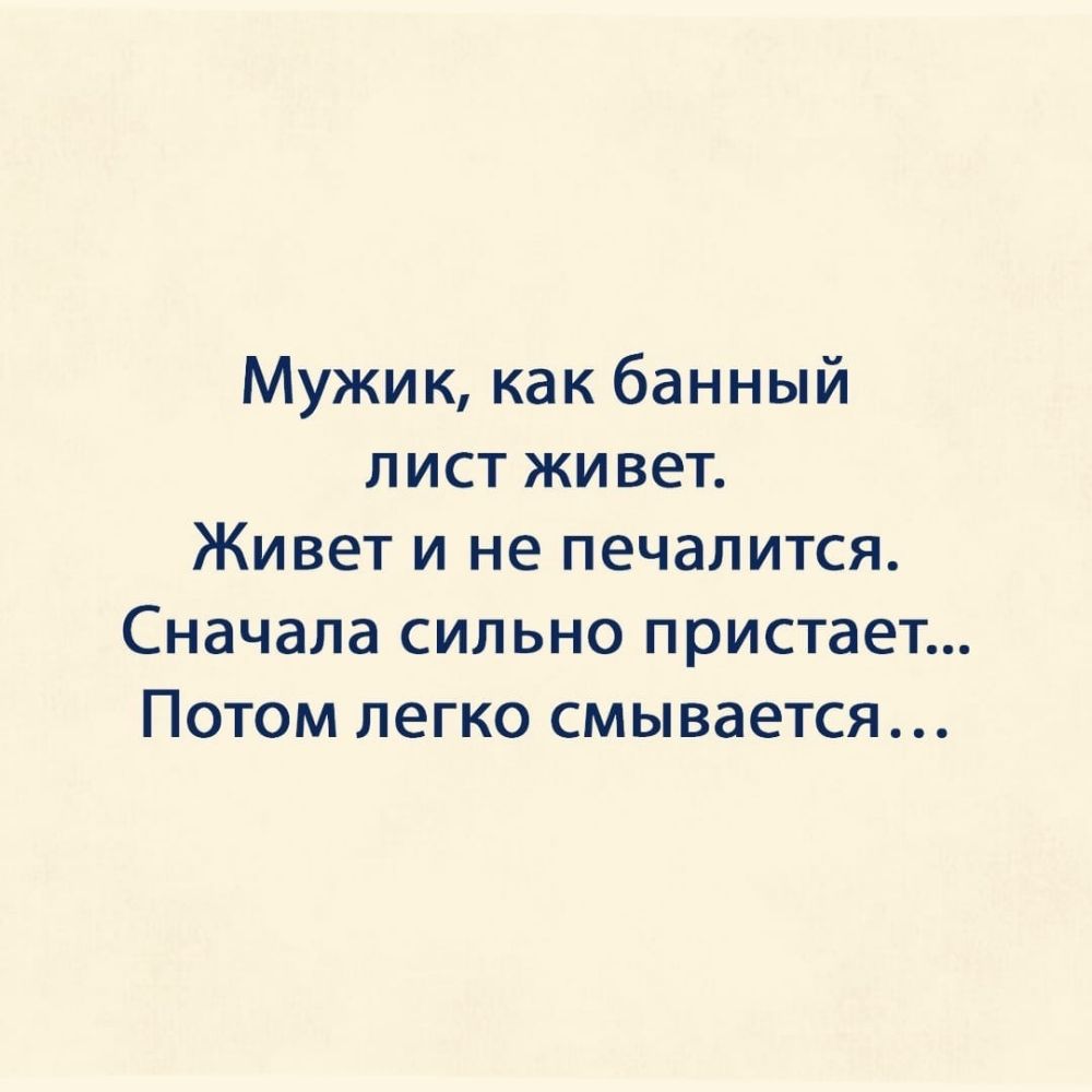 Мужик как банный лист жи вет Живет и не печалится Сначала сильно пристает Потом легко смывается