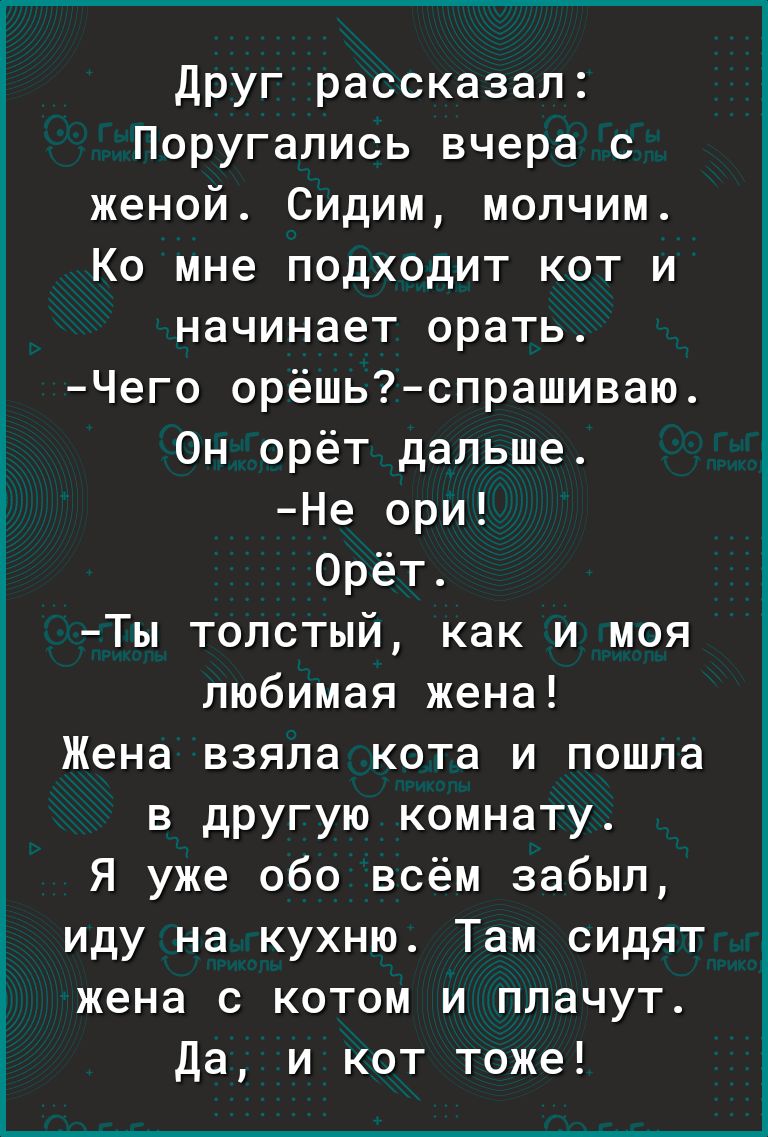 Друг рассказал Поругались вчера с женой Сидим молчим Ко мне подходит кот и начинает орать Чего орёшьспрашиваю Он орёт дальше Не ори Орёт Ты толстый как и моя любимая жена Жена взяла кота и пошла в другую комнату Я уже обо всём забыл иду на кухню Там сидят жена с котом и плачут Да и кот тоже