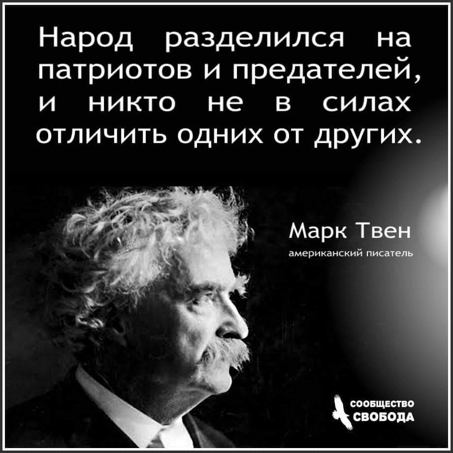 Народ разделился на патриотов и предателей и никто не в силах отличить одних от других Марк Твед американский писат соовщвство СВОБОДА