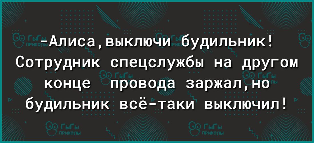 Алисавыключи будильник Сотрудник спецслужбы на другом конце провода заржално будильник всётаки выключил