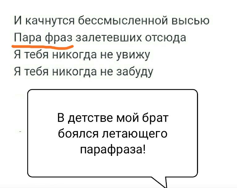 И качнутся бессмысленной высью Пара фраз запетевших отсюда огда не увижу Я тебя никогда не забуду В детстве мой брат боялся летающего парафраза