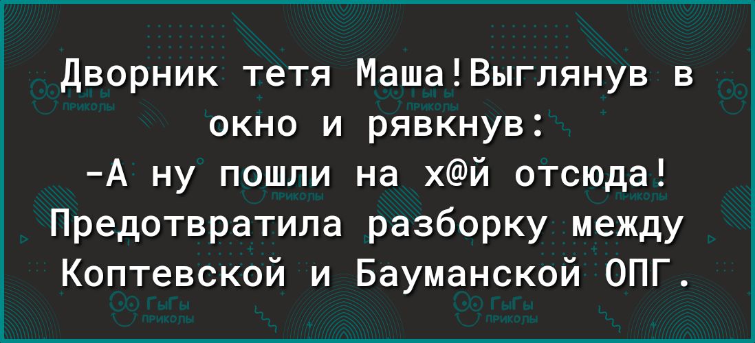 дворник тетя МашаЕВыгпянув в окно и рявкнув А ну пошли на хй отсюда Предотвратипа разборку между Коптевский и Бауманской ОПГ