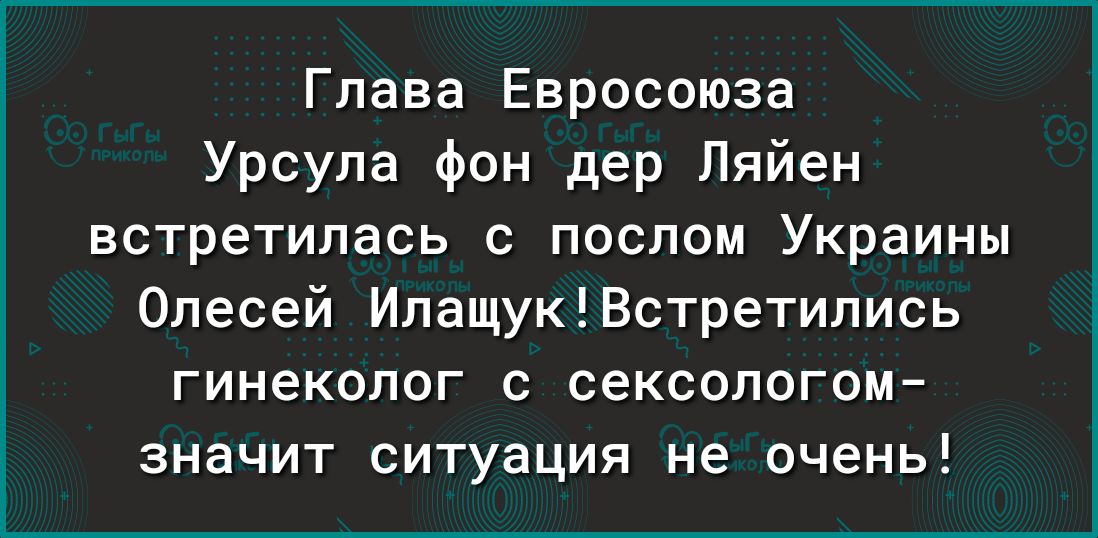 Глава Евросоюза Урсула фон дер Ляйен встретилась с послом Украины Опесей ИлащукВстретипись гинеколог с сексологом значит ситуация не очень