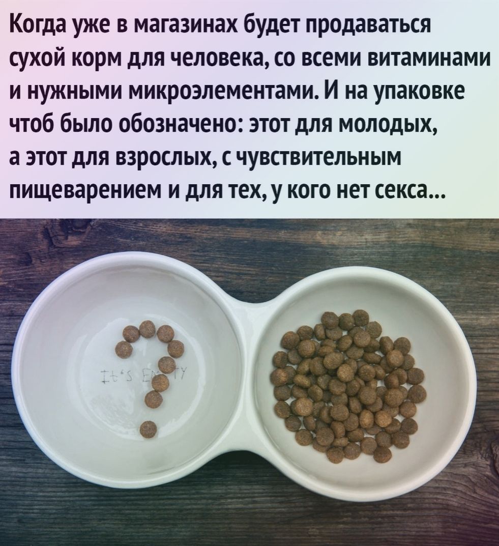 Когда уже в магазинах будет продаваться сухой корм для человека со всеми витаминами и нужными микроэлементами И на упаковке чтоб было обозначено этот для молодых а ЭТОТ дЛЯ ВЗРОСЛЫХ С ЧУВСТВИТЕЛЬНЫМ ПИЩЕВЗРЕНИОМ И дЛЯ ТЕХУ КОГО НЕТ секса