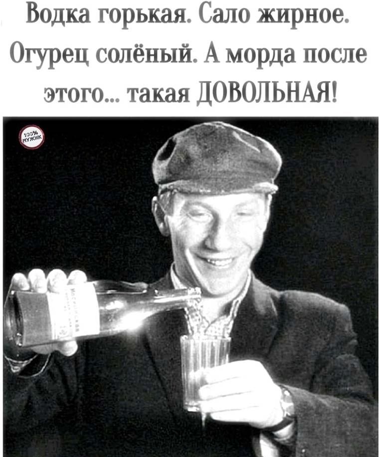 Водка горькая Сало жирное Огурец солёный А морда после этого такая ЦОВОЛЬНАЯ
