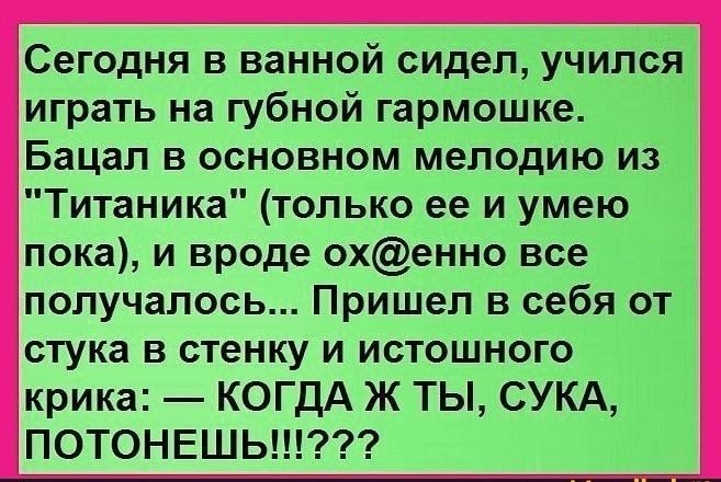 Сегодня в ванной сидел учился играть на губной гармошке Бацал в основном мелодию из Титаника только ее и умею пока и вроде охенно все получалось Пришел в себя от стука В стенку И ИСТОШНОГО крика КОГДА Ж ТЫ СУКА ПОТОНЕШЬ