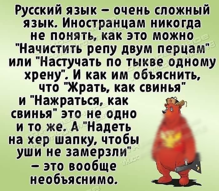 Русский язык очень сложный язык Иностранцам никогда не понять как это можно Начистить репу двум перцам или Настучать по тыкве одному хрену И как им объяснить что Жрать как свинья и Нажраться как у свинья это не одно и то же А Надеть на хер шапку чтобпы уши не замерзли это вообще необъяснимо
