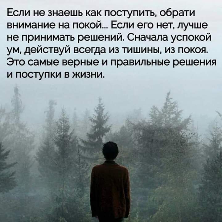 Если не знаешь как поступить обрати внимание на покой Если его нет лучше не принимать решений Сначала успокой ум действуй всегда из тишины из покоя Это самые верные и правильные решения и поступки в жизни