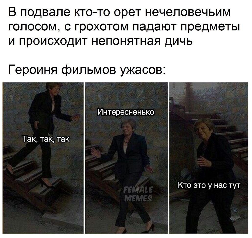 В подвале кто то орет нечеловечьим голосом с грохотом падают предметы и происходит непонятная дичь Героиня фильмов ужасов Интересненько Так так так Кто это у нас тут
