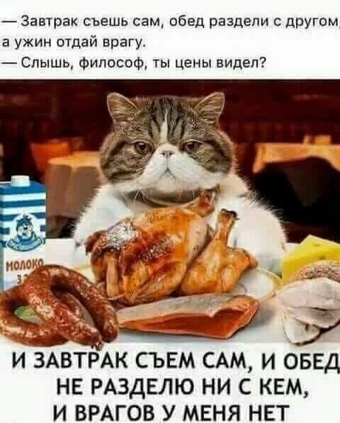 Завтрак съешь сам обед раздели другом а ужин отдай врагу Спышь Философ ты цены видел И ЗАВТРАК СЪЕМ САМ И ОБЕД НЕ РАЗДЕЛЮ НИ С КЕМ И ВРАГОВ У МЕНЯ НЕТ