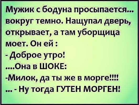 Мужик с бодуна просыпается вокруг темно Нащупал дверь открывает а там уборщица моет Он ей Доброе утро Она в ШОКЕ Милок да ты же в морге Ну тогда ГУТЕН МОРГЕН