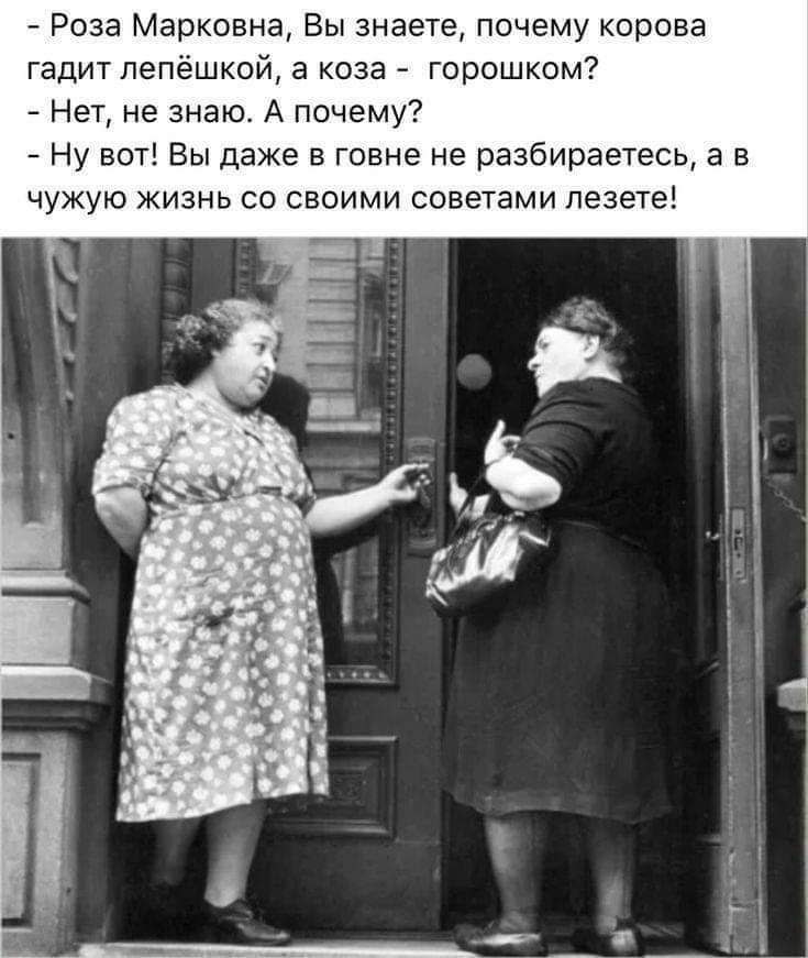Роза Марковна Вы знаете почему корова гадит пепёшкой а коза горошком Нет не знаю А почему Ну вот Вы даже в говне не разбираетесь а в чужую жизнь со своими советами лезете