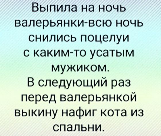 Выпила на ночь валерьянки всю ночь снились поцелуи с каким то усатым мужиком В следующий раз перед валерьянкой выкину нафиг кота из спальни