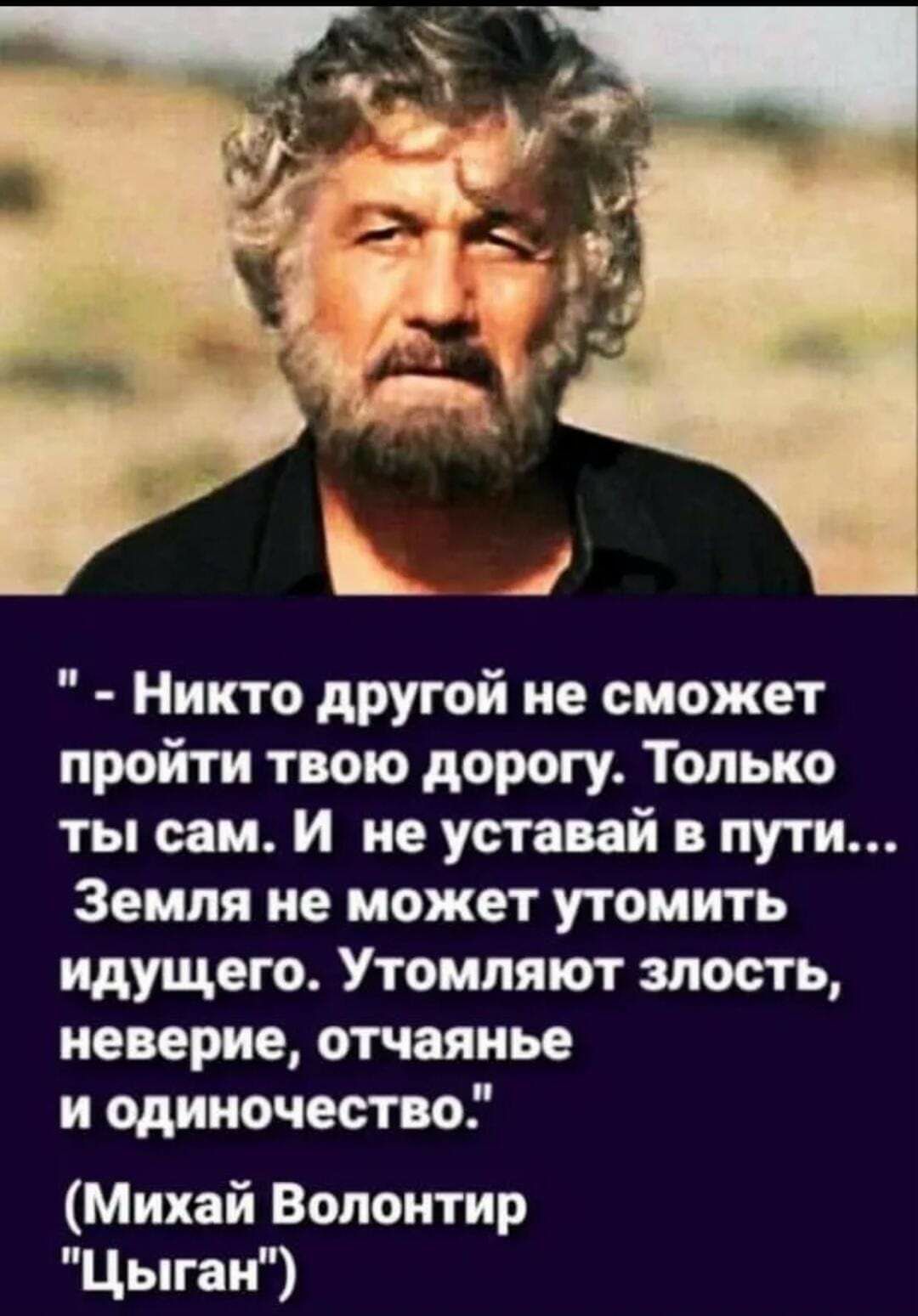 Никто другой не сможет пройти твою дорогу Только ты сам и не уставай в пути Земля не может утомить идущего Утомпяют злость неверие отчаянье и одиночество Михай Волонтир Цыган