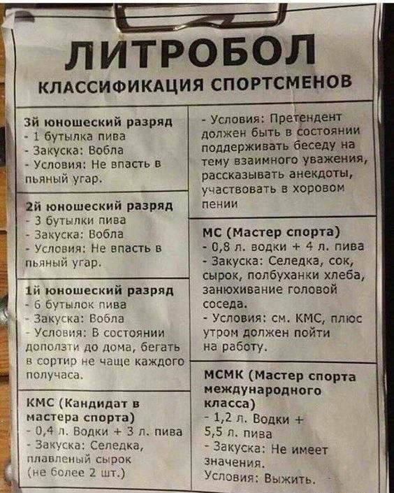 ЛИТРОБО л КЛАССИФИКАЦИЯ СПОРТСМ зй юношеский разряд 1бутылка пива Не впасть В пьяный угар 2й юношеский разряд Условия должен быть в Претендент поддерживать беседу на тему взаимного уважения рассказывать анекдоты участвовать в хоровом пении 3 бутылки пива акуска Вобла Условия Не епасть в пьяный угар 1й юношеский разряд Закуска Вобла ия В состоянии и